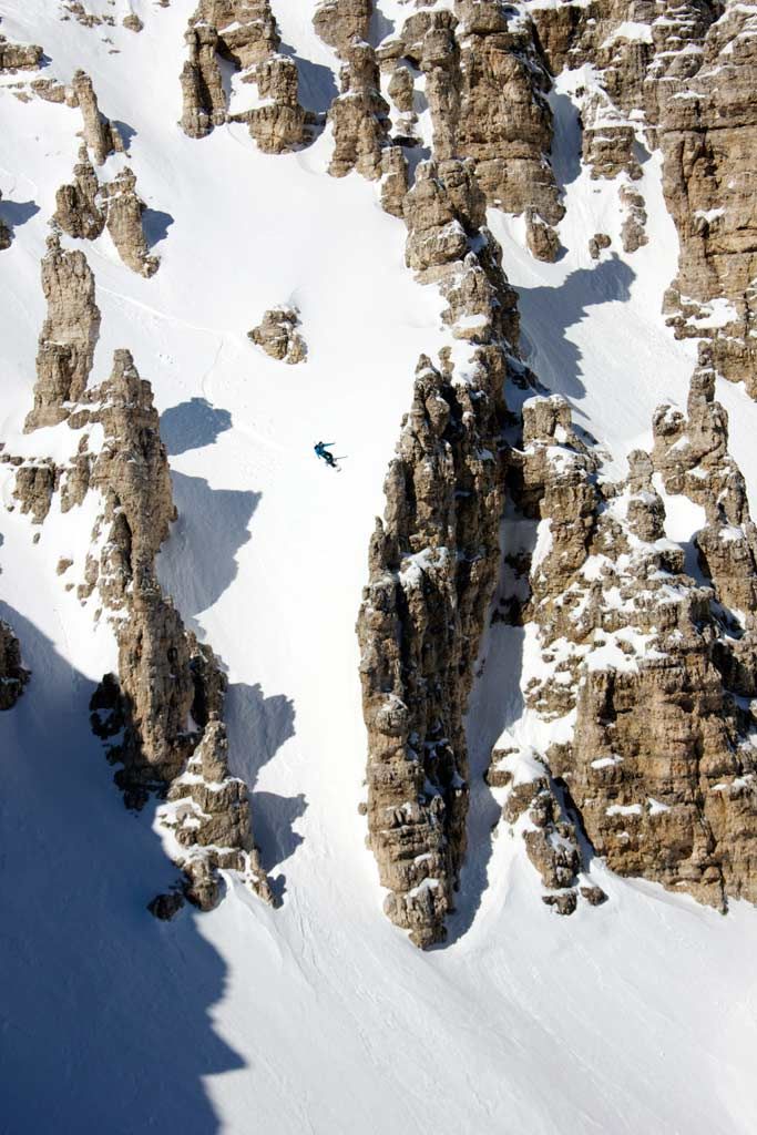 Felsturmwald, Alternative Einfahrt Pisciadu von Norden Felsturmwald in der Sonne alternative Einfahrt Freeride Val Pisciadu
