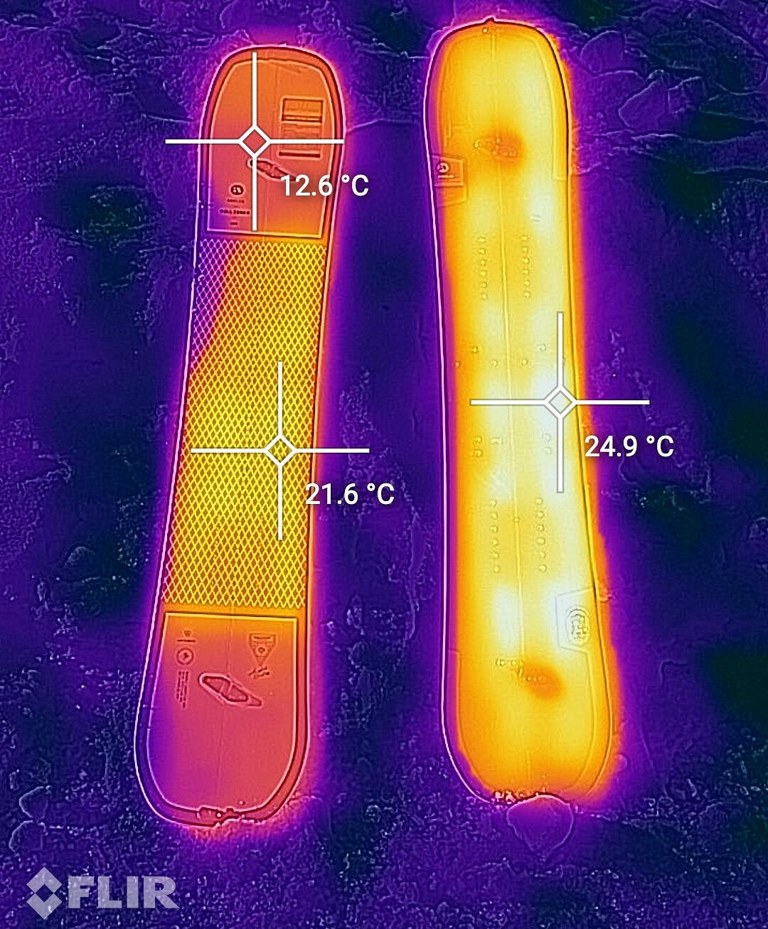 Wärmebildvergleich Stratospheric Topsheet (links) vs. älteres Modell aus der Saison 19-20 ohne extra Coating (rechts) Amplid Milligram 21-22