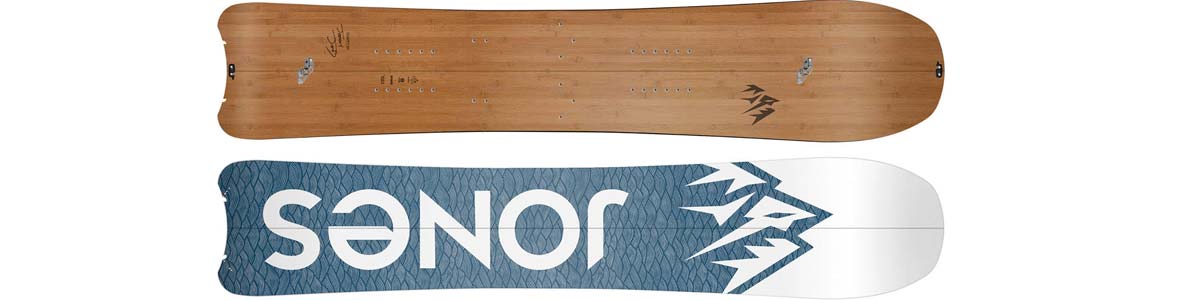 Jones Hovercraft Splitboard 15-16 in Holzoptik und mit Fish-Design auf der Base.